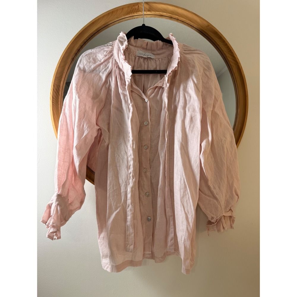 LJC Designs Blouse Women XS Pink Excellent Linen Ruffle Neck Balloon Sleeve Top